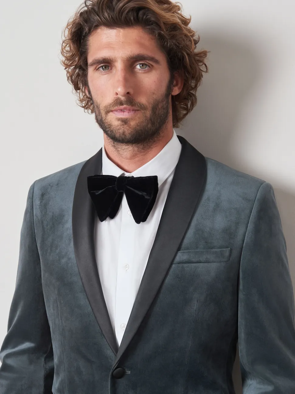 Grey Slim Fit Velvet Blazer