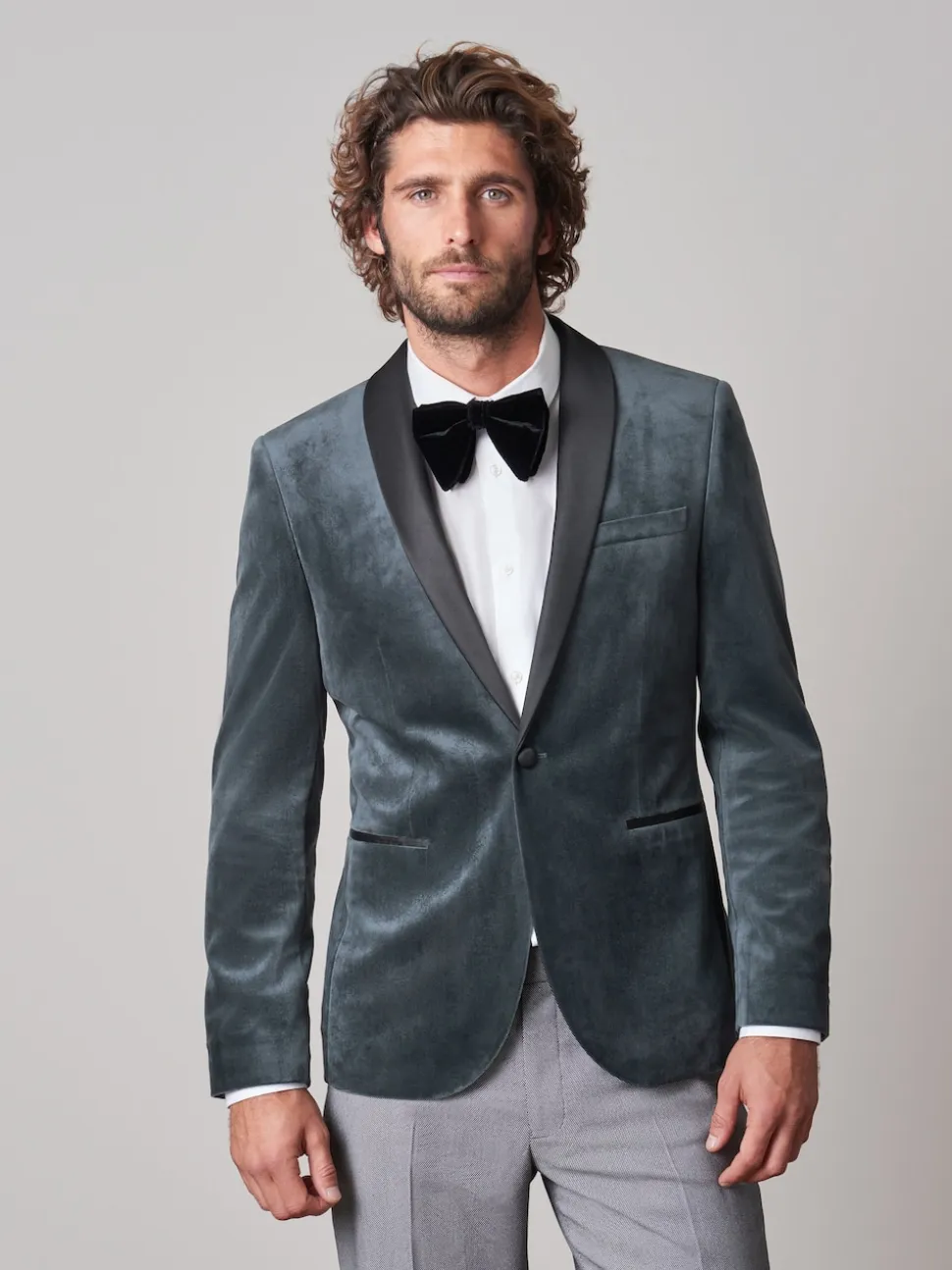 Grey Slim Fit Velvet Blazer
