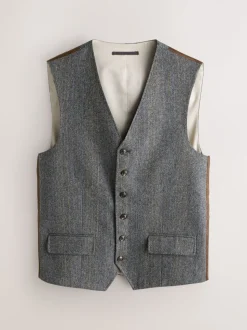 Grey Slim Fit Wool Blend Herringbone Stripe Suit Waistcoat