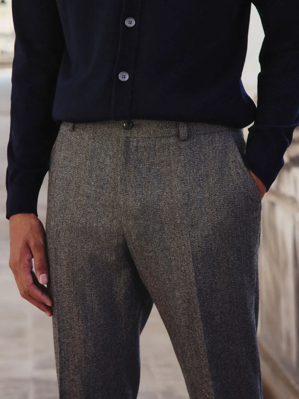 Grey Slim Fit Wool Blend Herringbone Stripe Suit Trousers