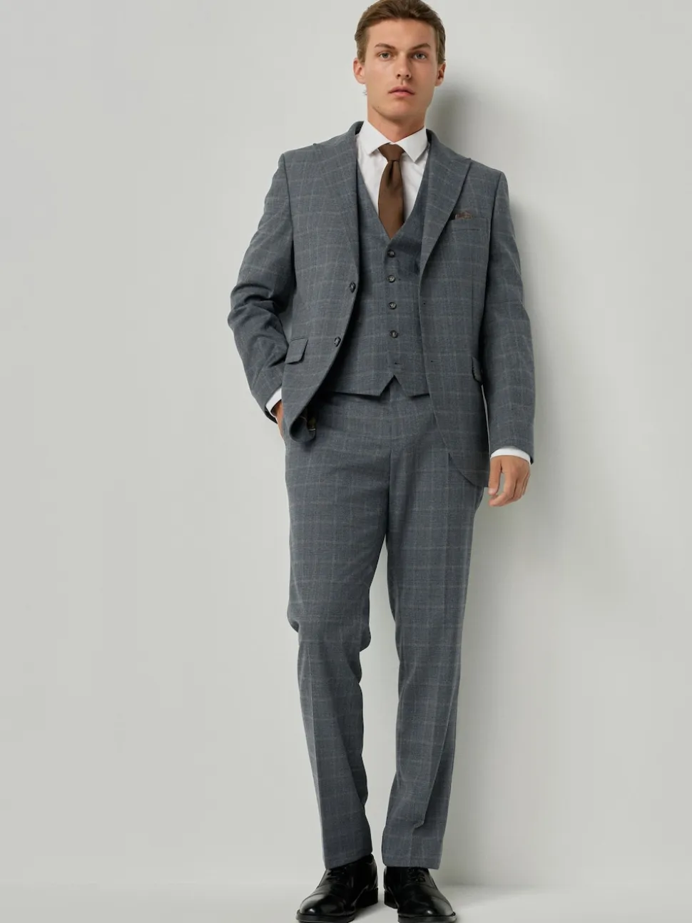 Grey Tailored Fit Check Flannel Suit Waistcoat