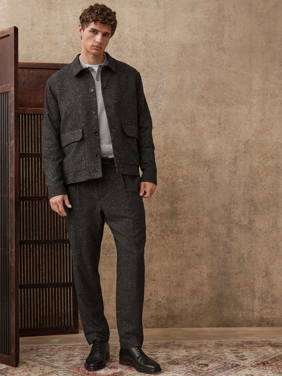 Grey Textured Herringbone Jacket With Wool