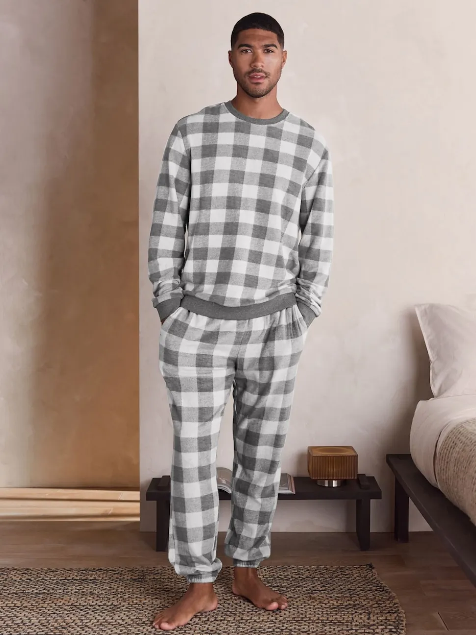 Grey Thermal Fleece Check Long Sleeve Cuffed Pjyamas Set