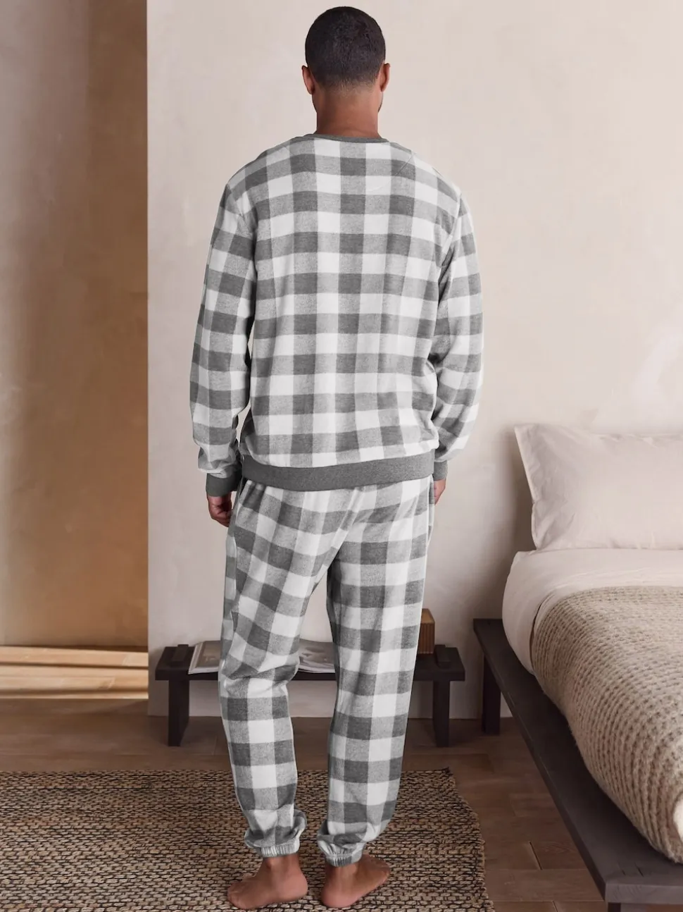 Grey Thermal Fleece Check Long Sleeve Cuffed Pjyamas Set
