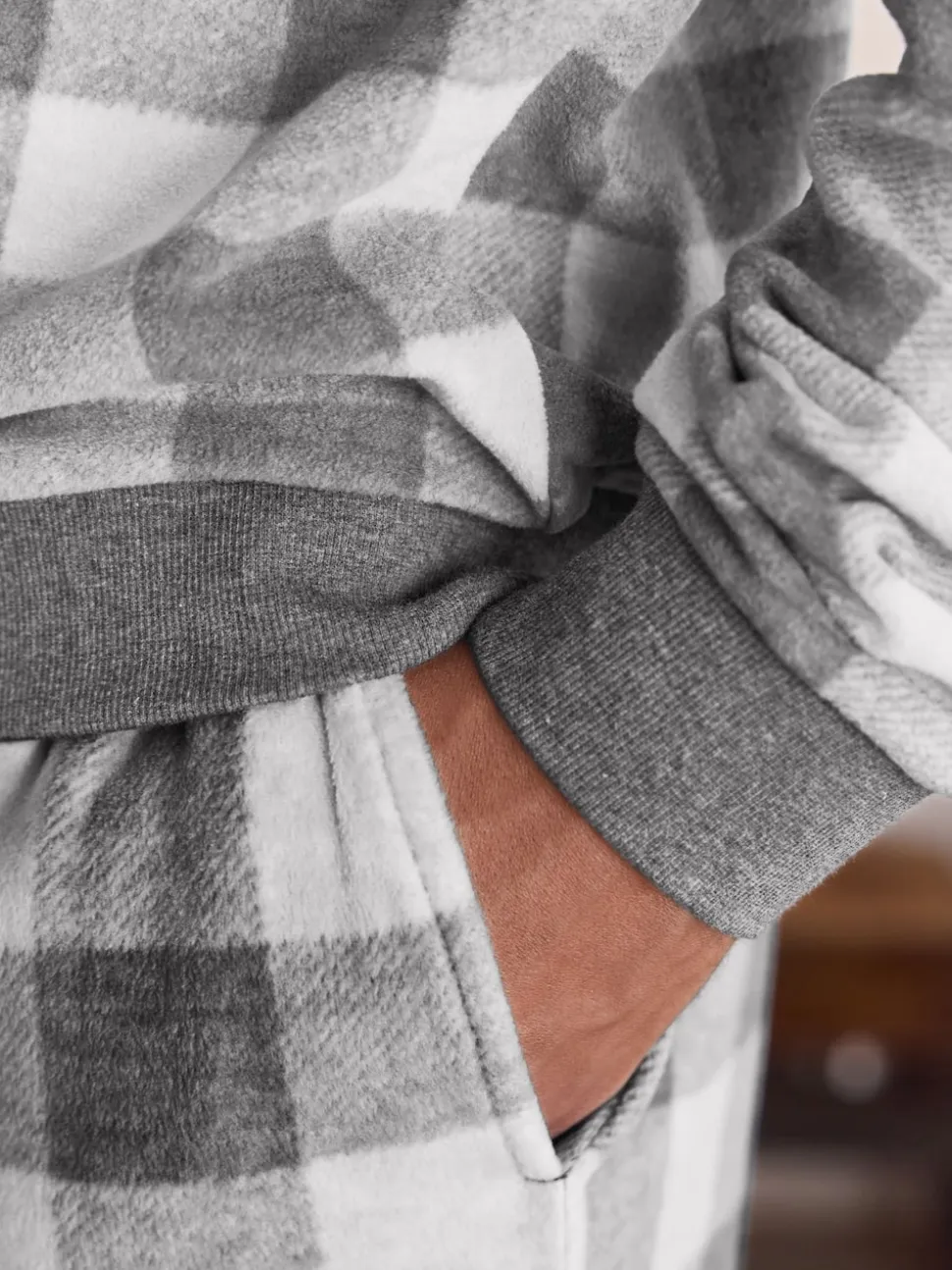 Grey Thermal Fleece Check Long Sleeve Cuffed Pjyamas Set
