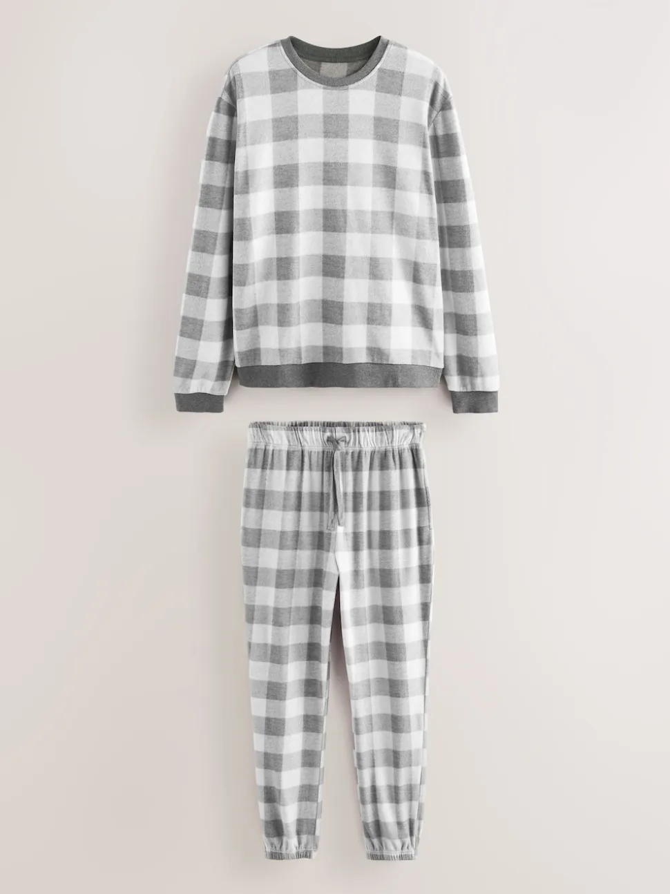Grey Thermal Fleece Check Long Sleeve Cuffed Pjyamas Set