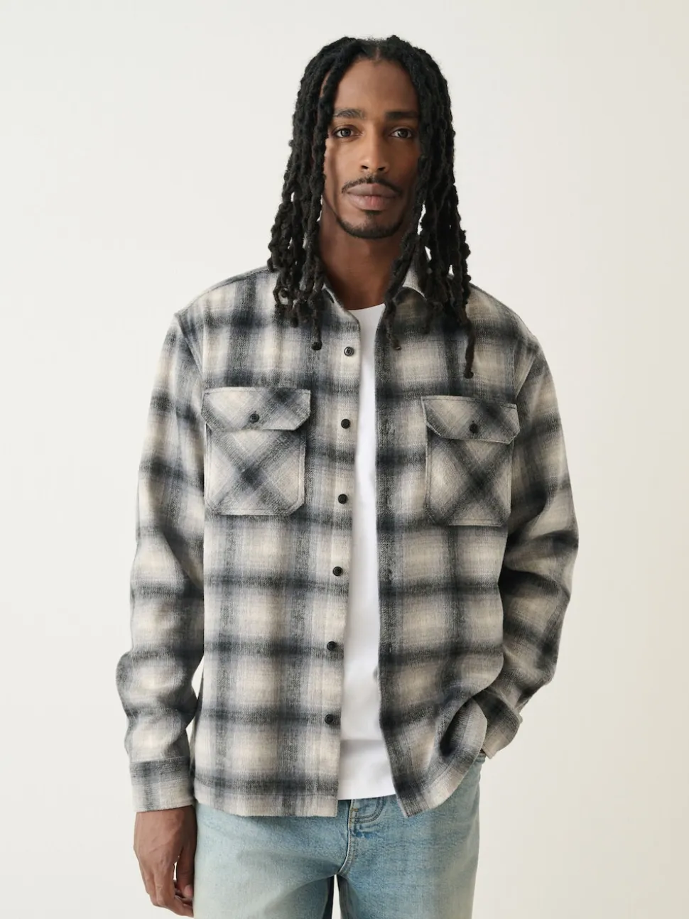 Grey Twin Pocket Long Sleeve Check Overshirt