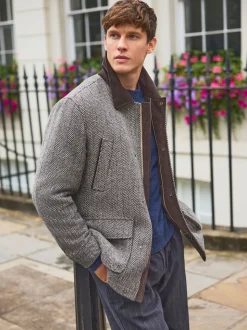 Grey Wool Blend Herringbone Quilted Corduroy Collar Jacket