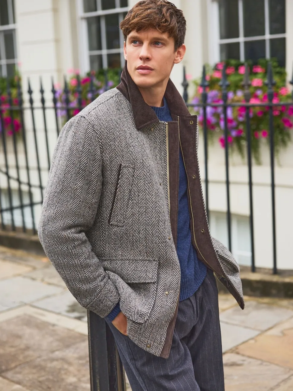 Grey Wool Blend Herringbone Quilted Corduroy Collar Jacket