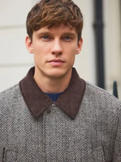 Grey Wool Blend Herringbone Quilted Corduroy Collar Jacket