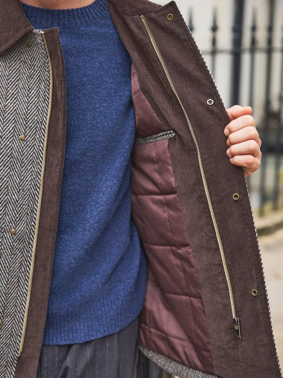 Grey Wool Blend Herringbone Quilted Corduroy Collar Jacket