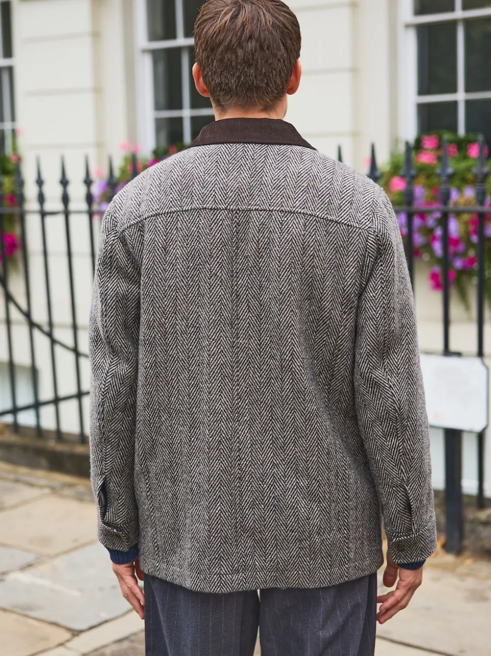 Grey Wool Blend Herringbone Quilted Corduroy Collar Jacket