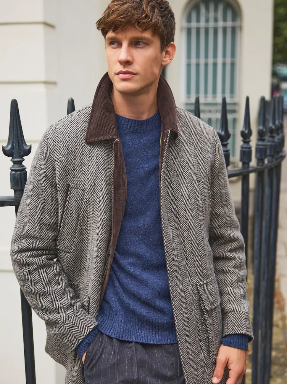 Grey Wool Blend Herringbone Quilted Corduroy Collar Jacket