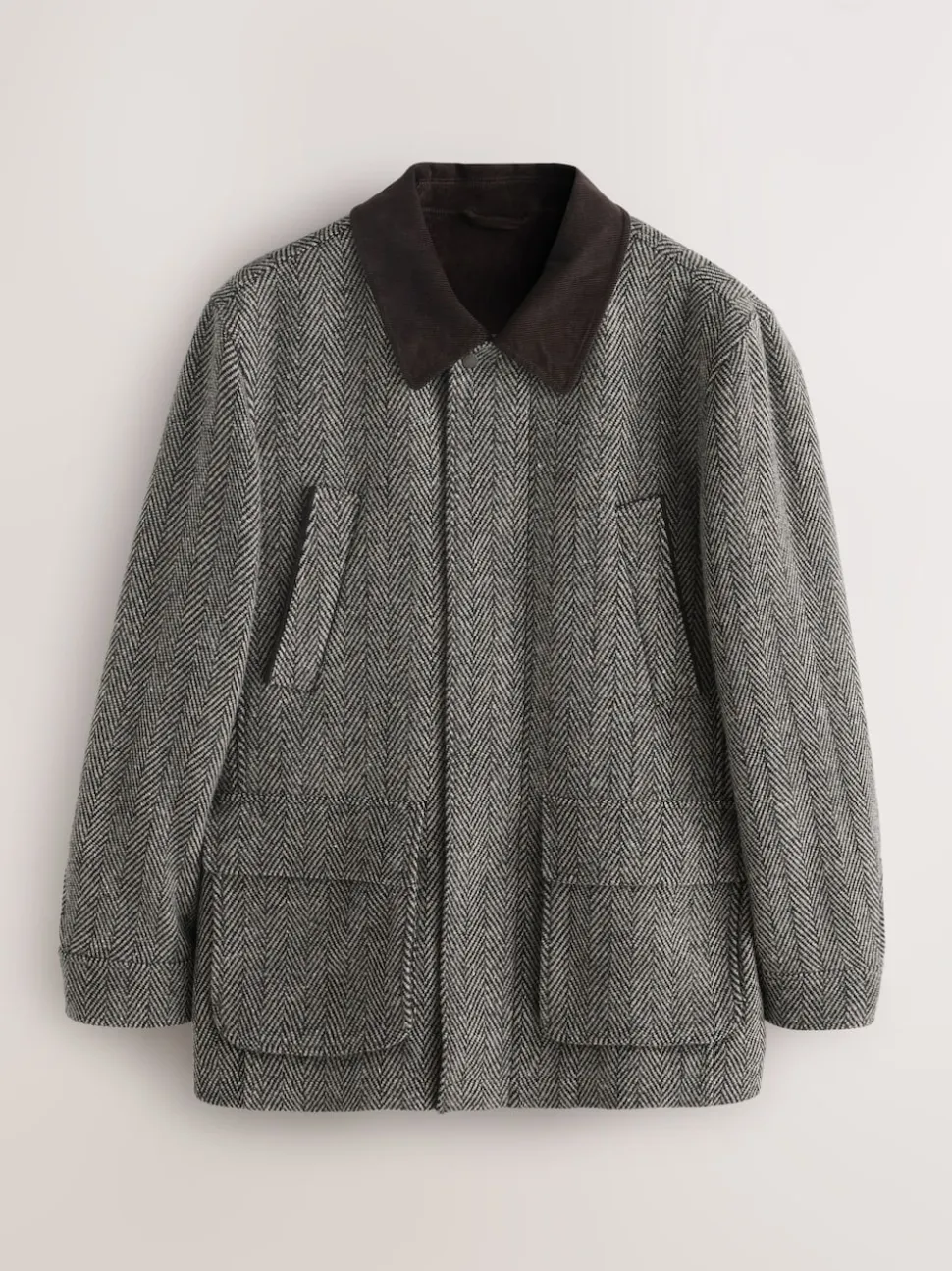 Grey Wool Blend Herringbone Quilted Corduroy Collar Jacket