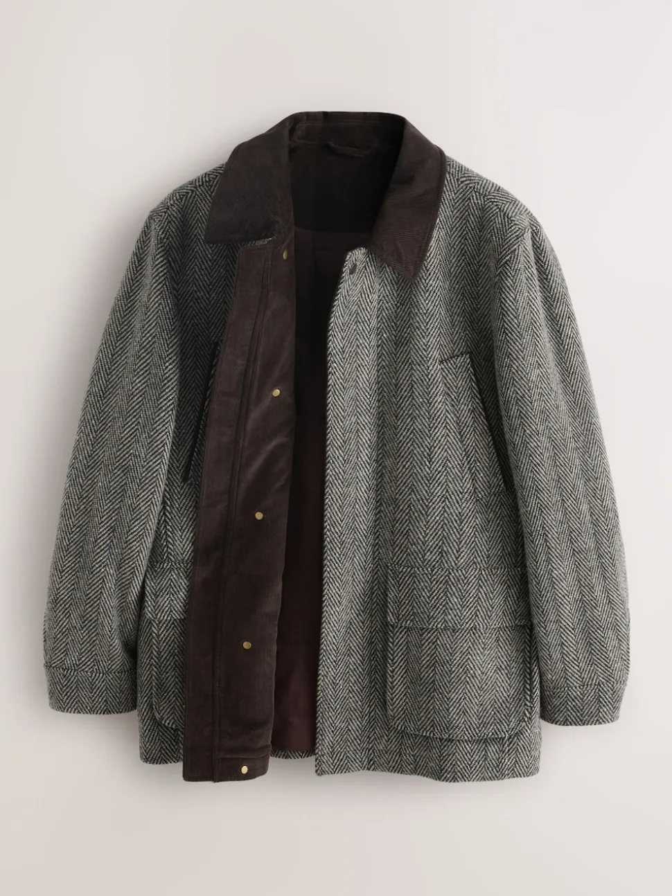Grey Wool Blend Herringbone Quilted Corduroy Collar Jacket