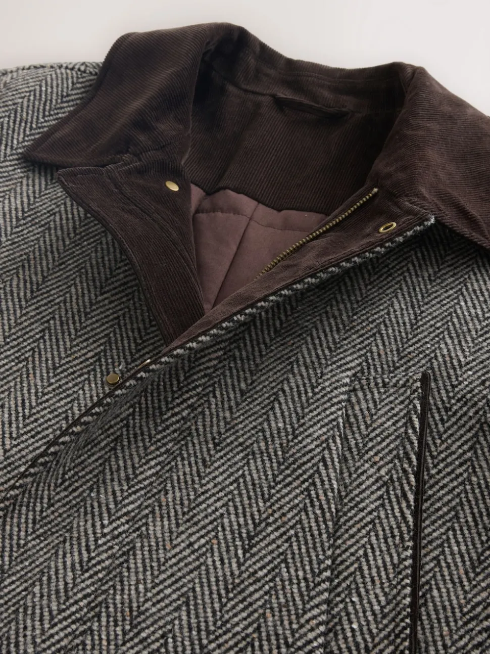 Grey Wool Blend Herringbone Quilted Corduroy Collar Jacket