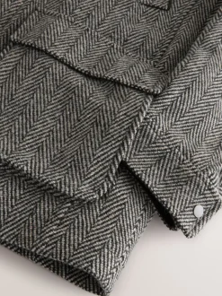 Grey Wool Blend Herringbone Quilted Corduroy Collar Jacket