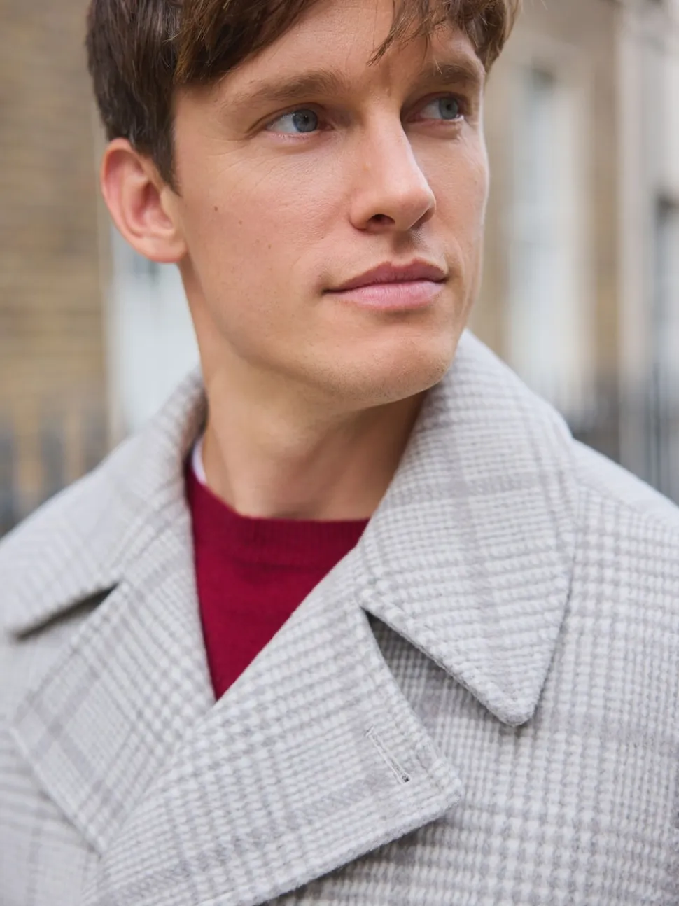 Grey Wool Blend Soft Touch Check Pea Coat