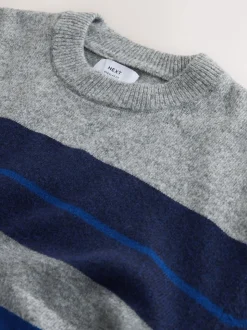 Grey/Blue Regular Fit Cosy Stripe Crew Jumper with Wool