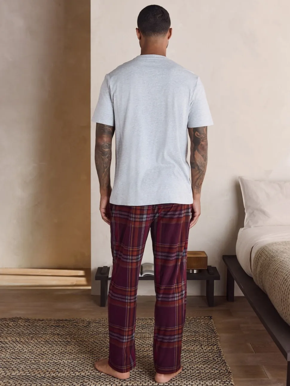 Grey/Burgundy Red Check Motionflex Cosy Short Sleeve Pyjamas Set