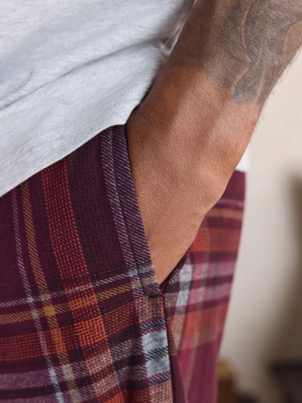 Grey/Burgundy Red Check Motionflex Cosy Short Sleeve Pyjamas Set