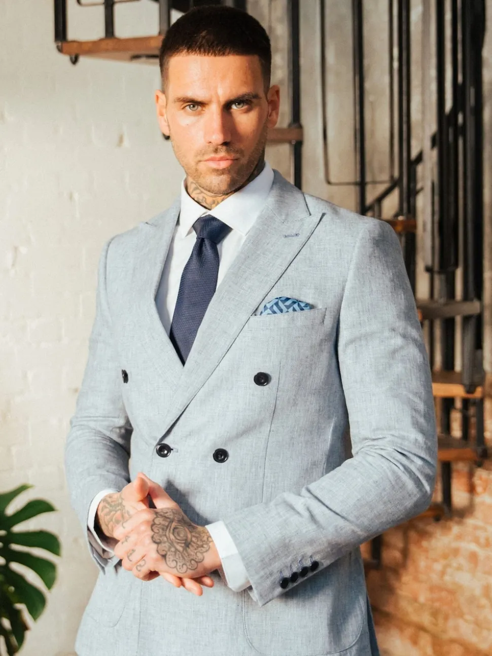 Harry Brown Blue Giacomo Cotton Linen Double Breasted Suit Jacket