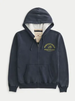 Hollister Blue Logo Waffle Lined Boxy Zip-Up Hoodie