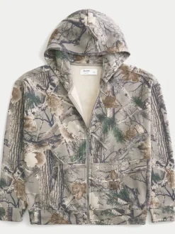 Hollister Grey Camo Print Logo Zip Through Hoodie