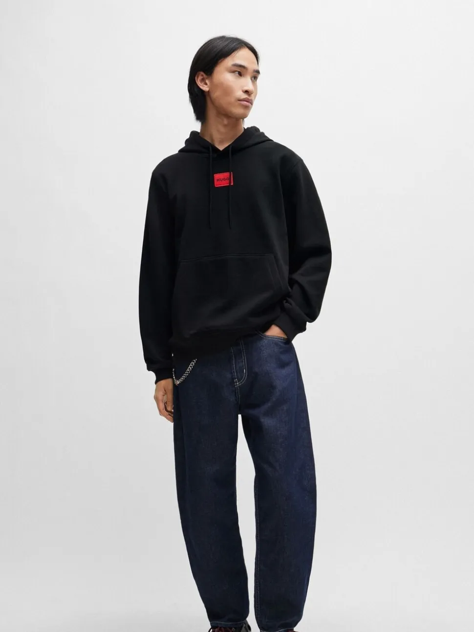 HUGO Black Logo Label Cotton Terry Hoodie