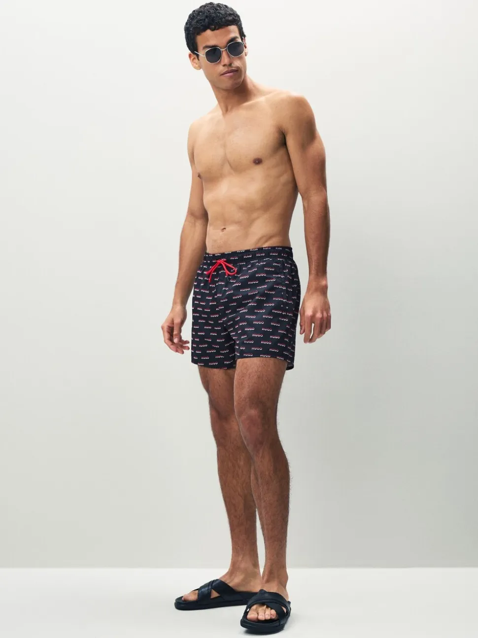 HUGO Black Logo Print Swim Shorts