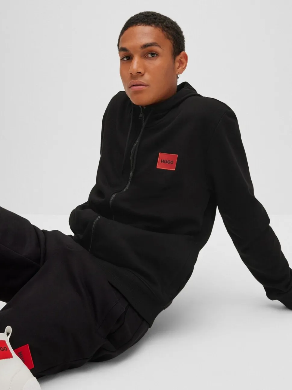 HUGO Black Regular Fit Cotton Hoodie In French Terry With Logo Label
