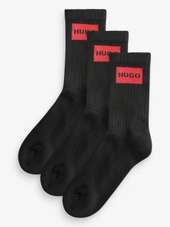 HUGO Black Ribbed Stretch Cotton Socks 3 Pack