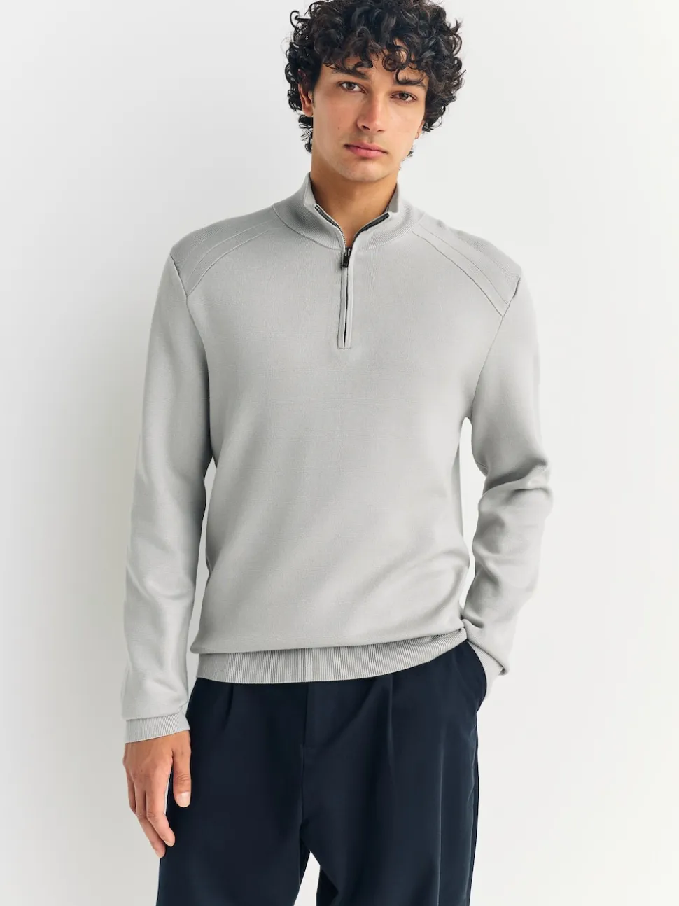 Ice Grey Plain N.Premium Slim Fit Premium Viscose Quarter Zip Neck Jumper