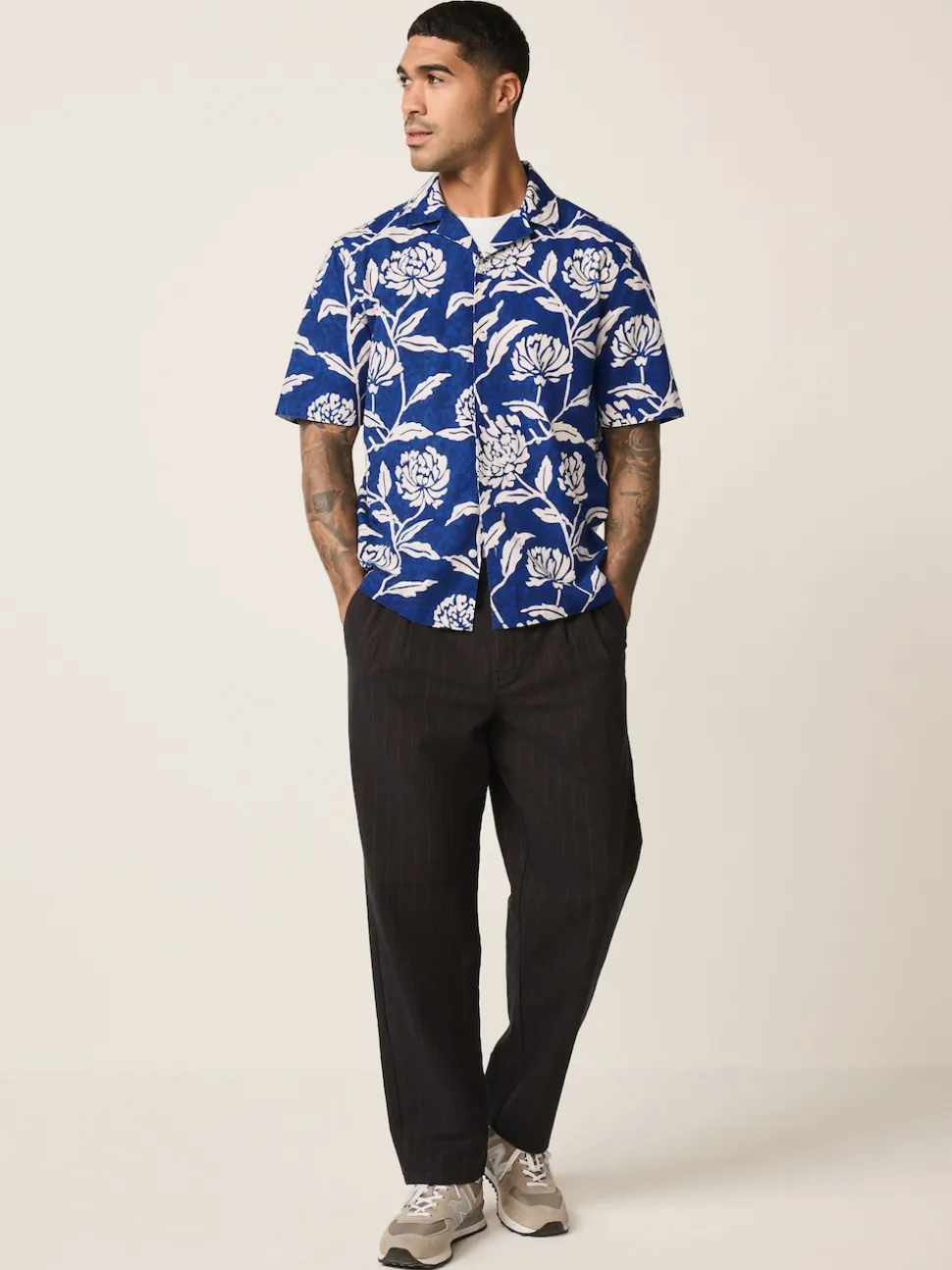 Indigo Blue Floral Print Short Sleeve Shirt