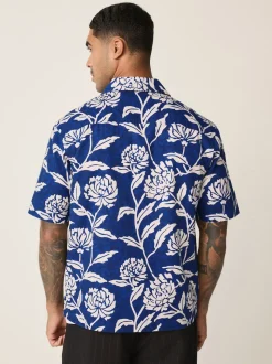 Indigo Blue Floral Print Short Sleeve Shirt