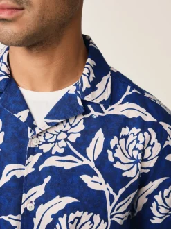Indigo Blue Floral Print Short Sleeve Shirt