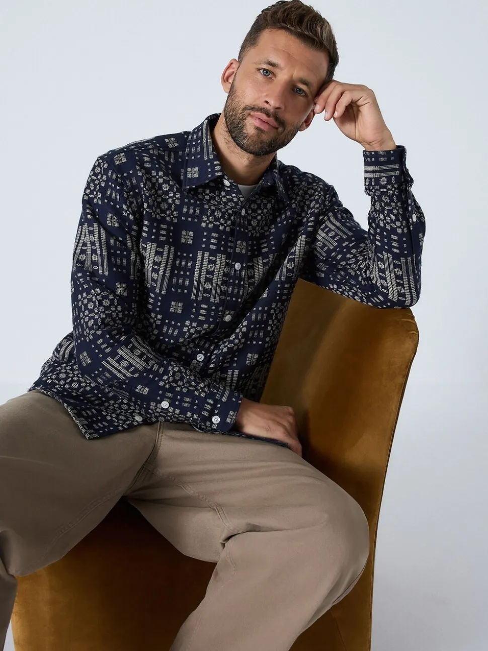 Indigo Blue Jacquard Textured Long Sleeve Shirt