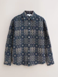 Indigo Blue Jacquard Textured Long Sleeve Shirt