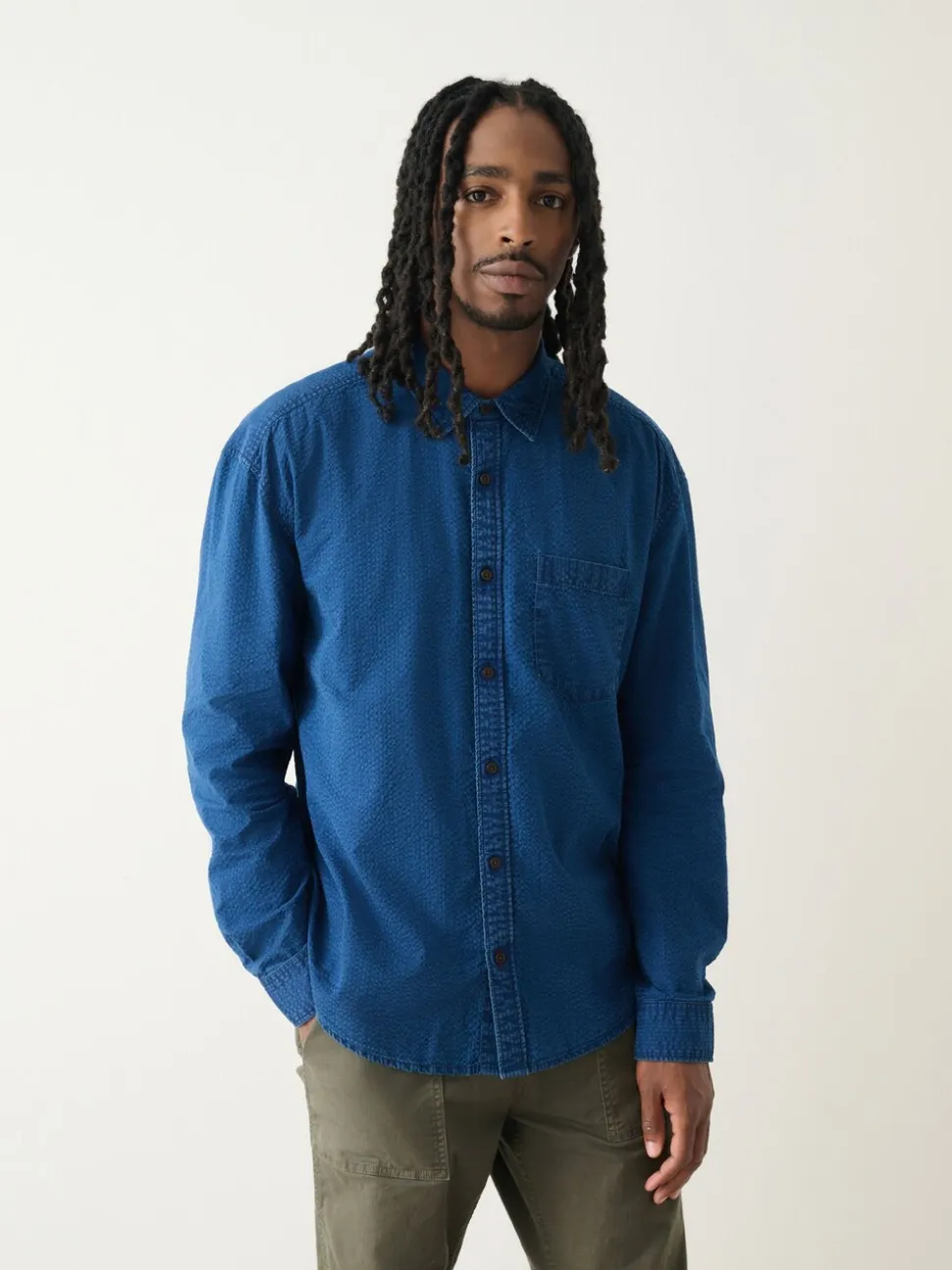 Indigo Blue Seersucker Denim Style Long Sleeve Shirt