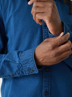 Indigo Blue Seersucker Denim Style Long Sleeve Shirt