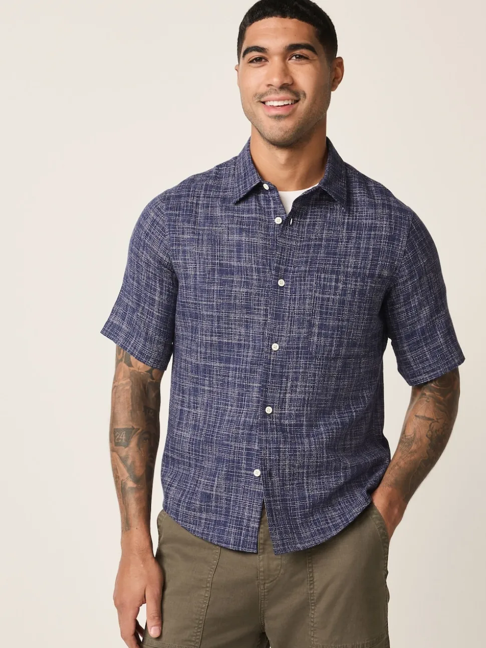 Indigo Blue Textured Crosshatch Short Sleeve Shirt