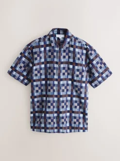 Indigo Blue Textured Patchwork Chambray Short Sleeve Shirt