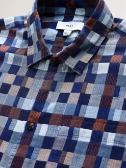 Indigo Blue Textured Patchwork Chambray Short Sleeve Shirt