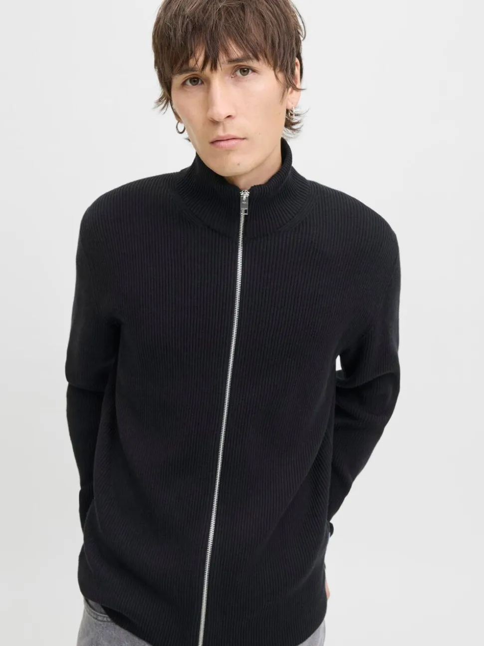 JACK & JONES Black High Neck Knit Cardigan