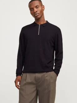 JACK & JONES Black Quarter Zip Knitted Polo Shirt