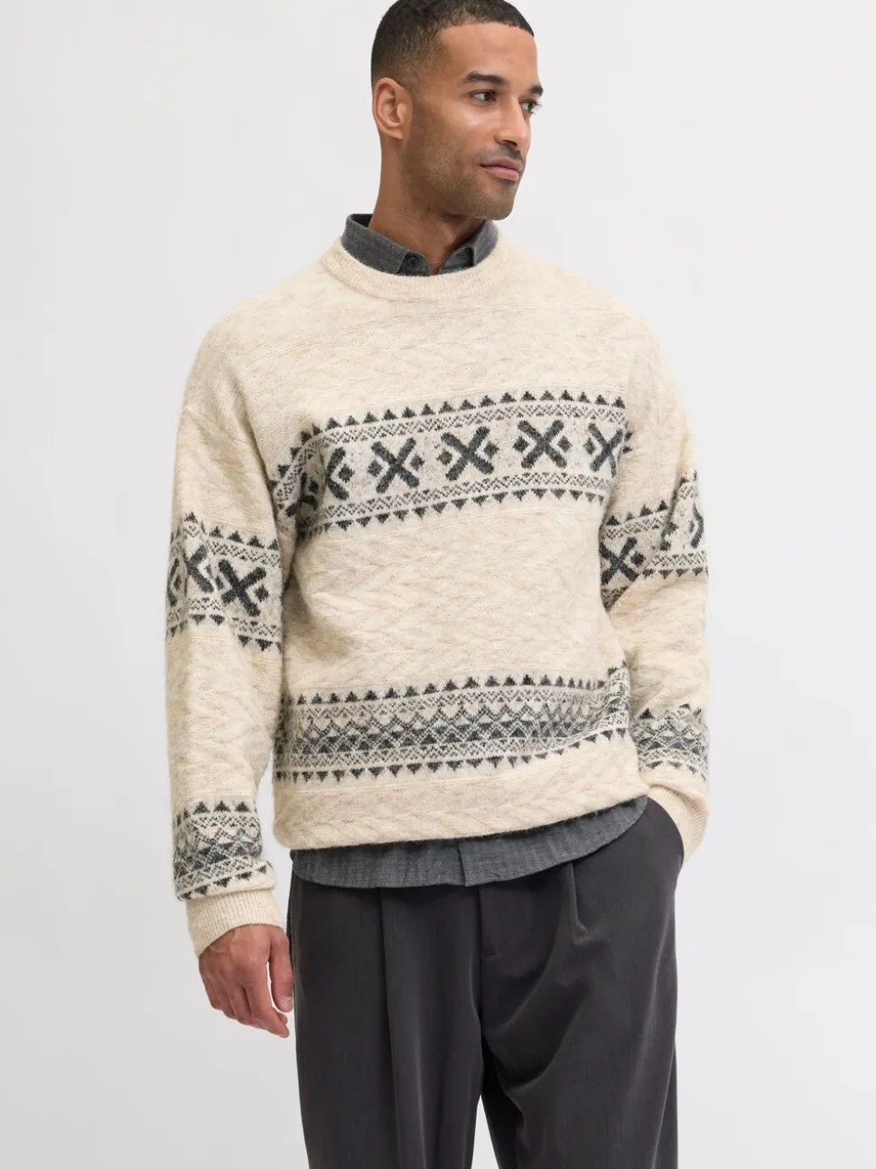 JACK & JONES Cream Fairisle Pattern Crew Knit Long Sleeve Jumper