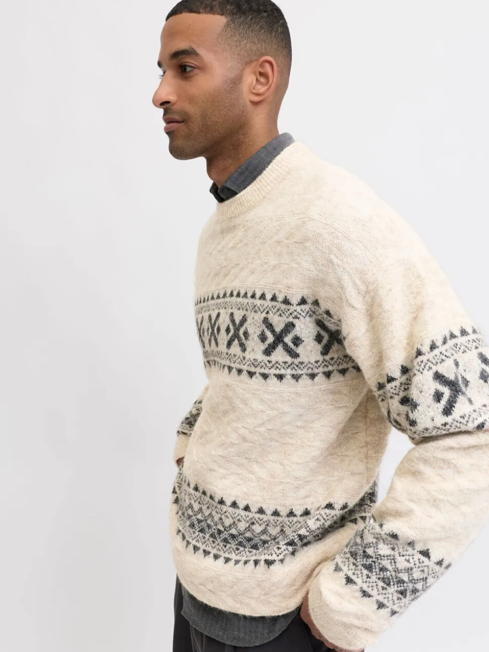 JACK & JONES Cream Fairisle Pattern Crew Knit Long Sleeve Jumper