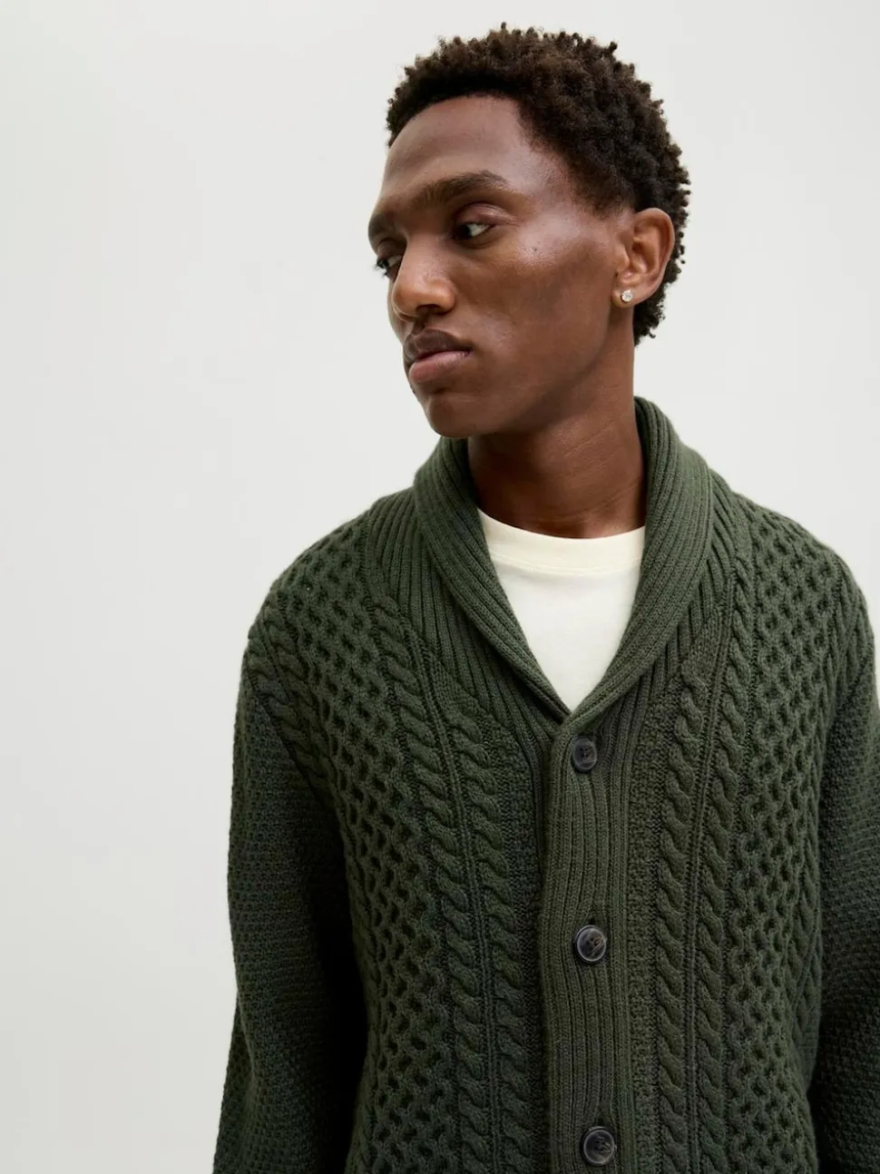 JACK & JONES Green Cable Knit Shawl Cardigan