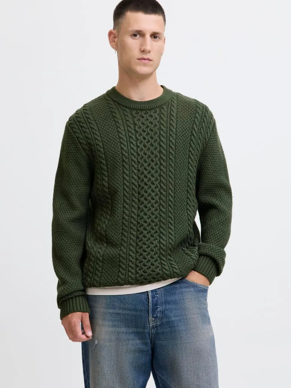JACK & JONES Green Cable Knit Crew Neck Jumper