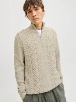 JACK & JONES White Cable Knit Half Zip Jumper